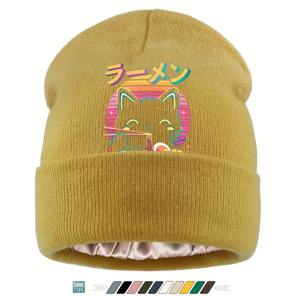Anime Cat Eating Ramen Beanie - Kawaii Winter Hat