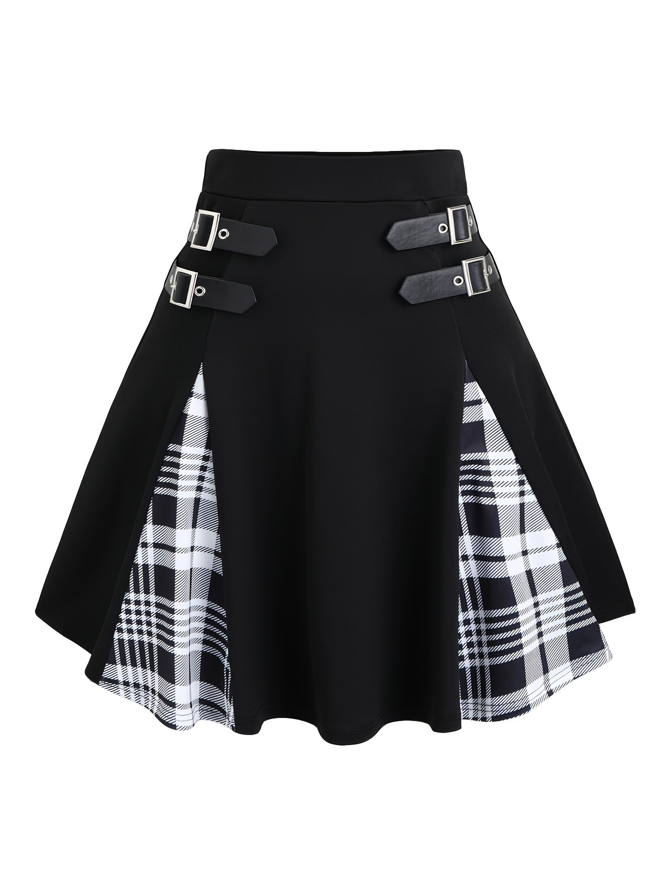 Gothic Plaid Buckle Mini Skirt - High-Waisted A-Line
