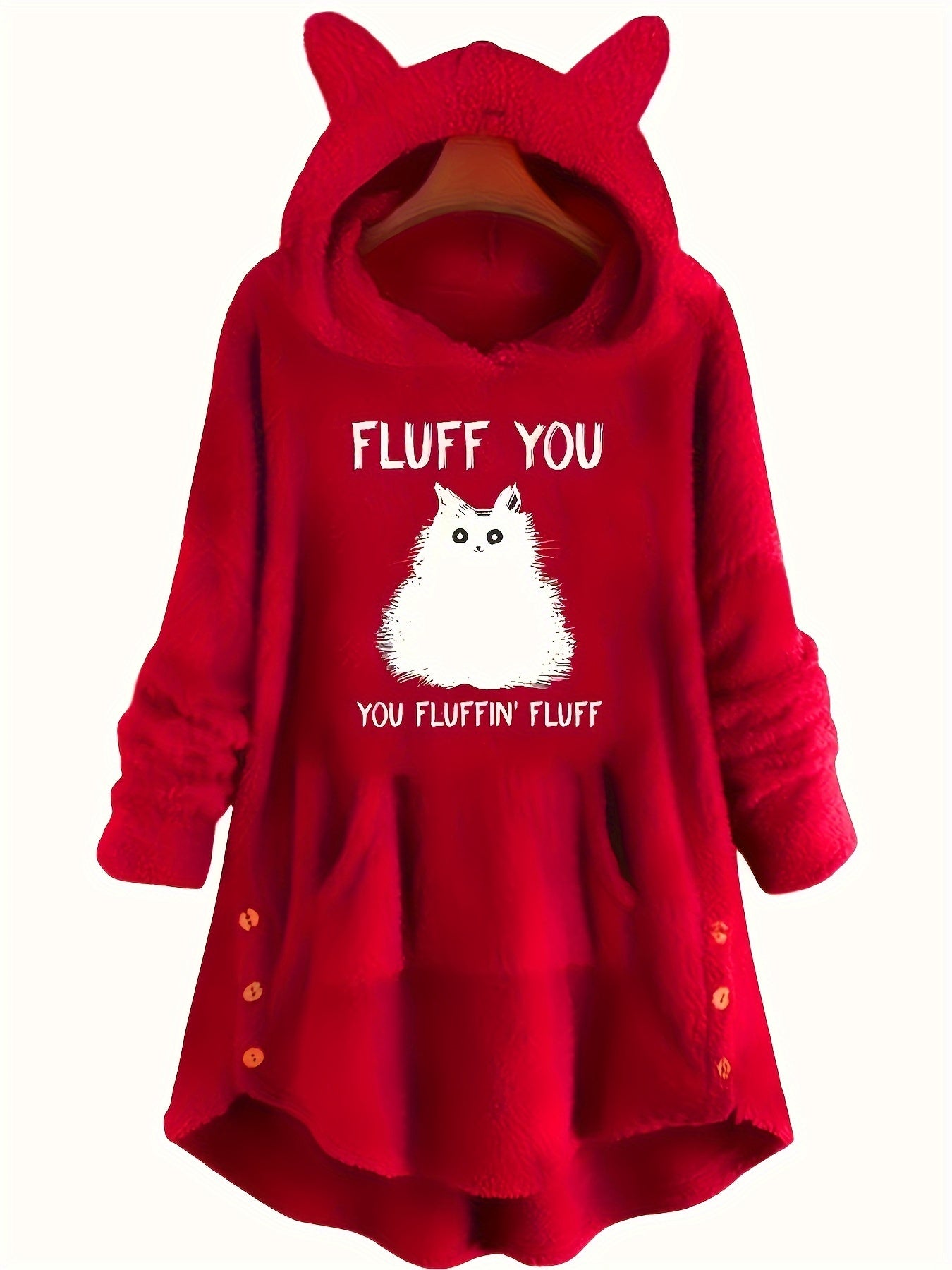 [Feline Design Thermal Hoodie] Relaxed Fit Thermal Hoodie - Adorable Feline Design Long-Sleeve Sweatshirt for Women with Kangaroo Pocket