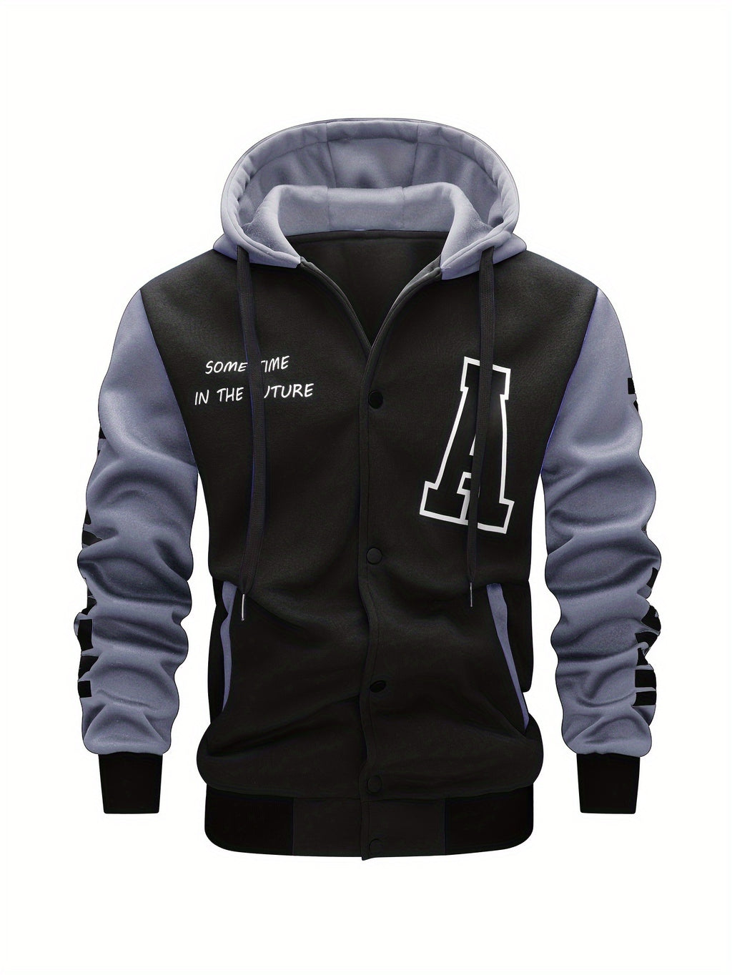 Men's Casual Hooded Varsity Jacket, Chic Button Up Letter Print Bomber Jacket