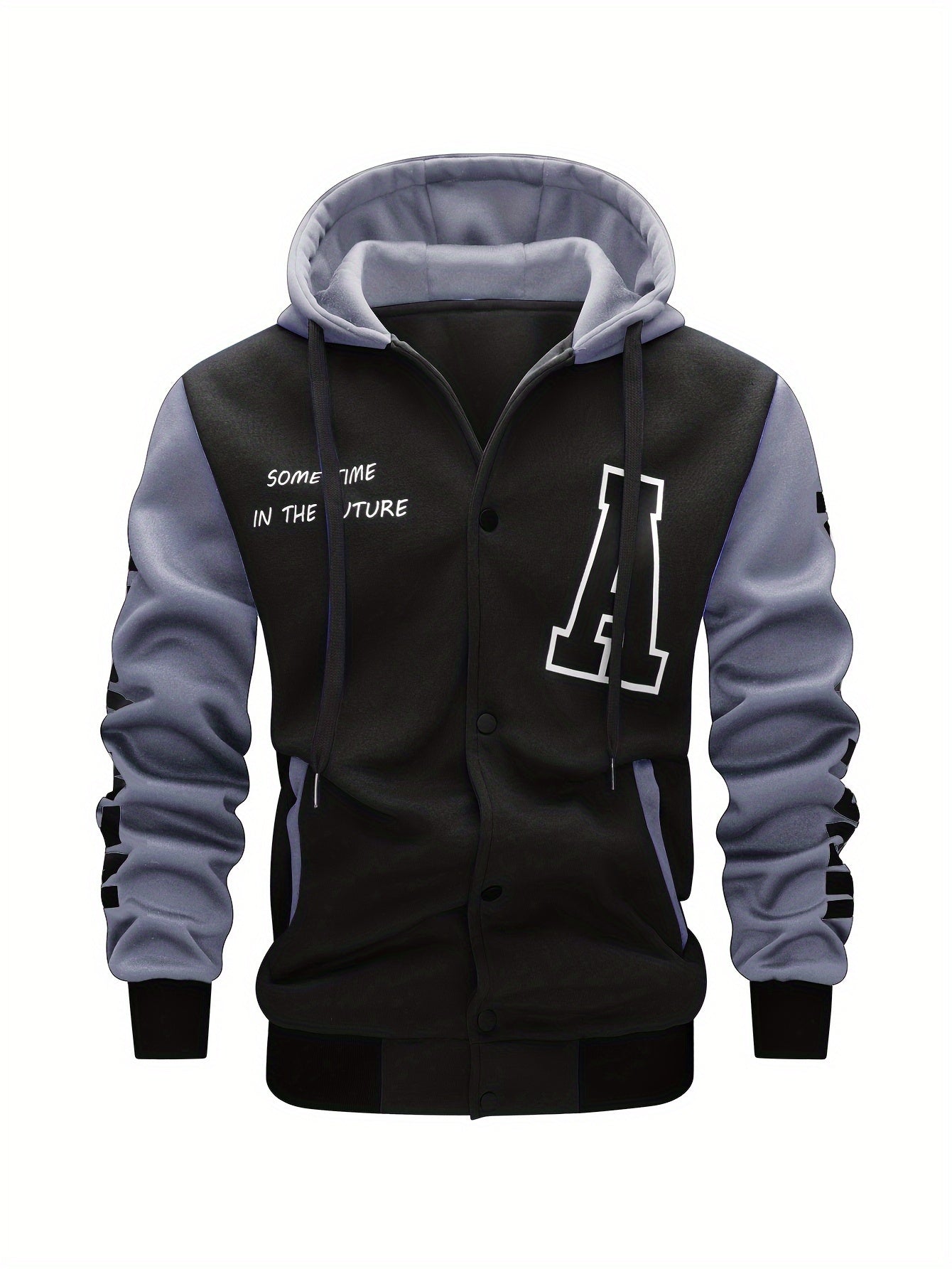 Men's Casual Hooded Varsity Jacket, Chic Button Up Letter Print Bomber Jacket