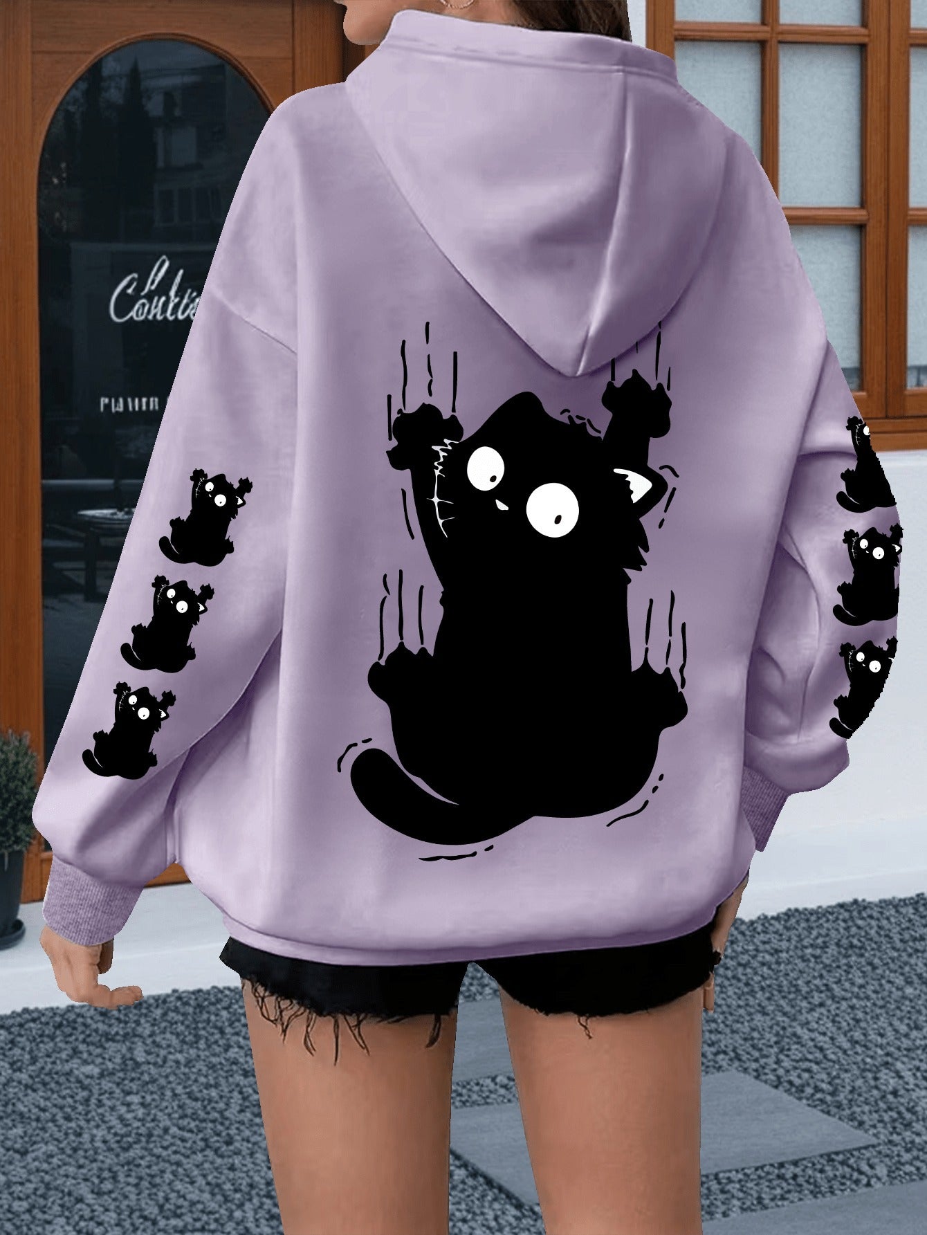 Women's Plus Size Cat Print Hoodie - Casual Sweatshirt