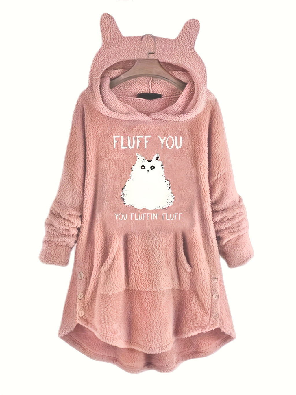 [Feline Design Thermal Hoodie] Relaxed Fit Thermal Hoodie - Adorable Feline Design Long-Sleeve Sweatshirt for Women with Kangaroo Pocket