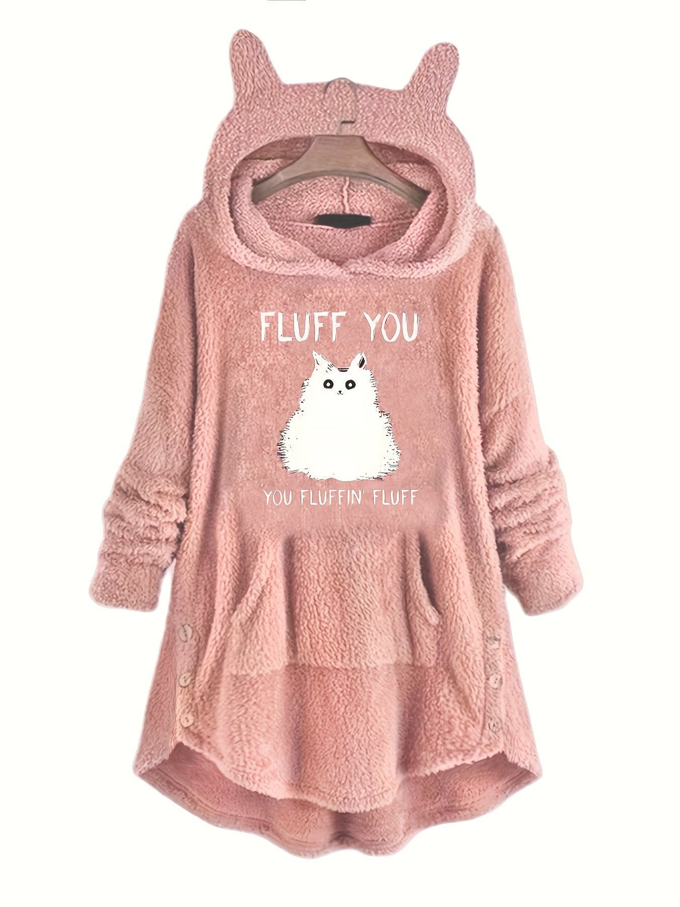 [Feline Design Thermal Hoodie] Relaxed Fit Thermal Hoodie - Adorable Feline Design Long-Sleeve Sweatshirt for Women with Kangaroo Pocket