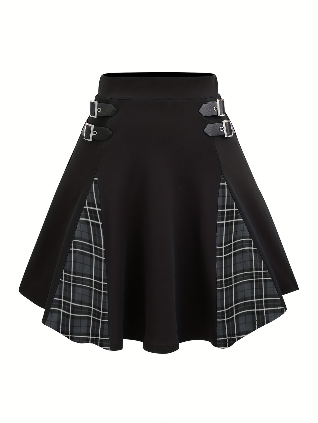 Gothic Plaid Buckle Mini Skirt - High-Waisted A-Line