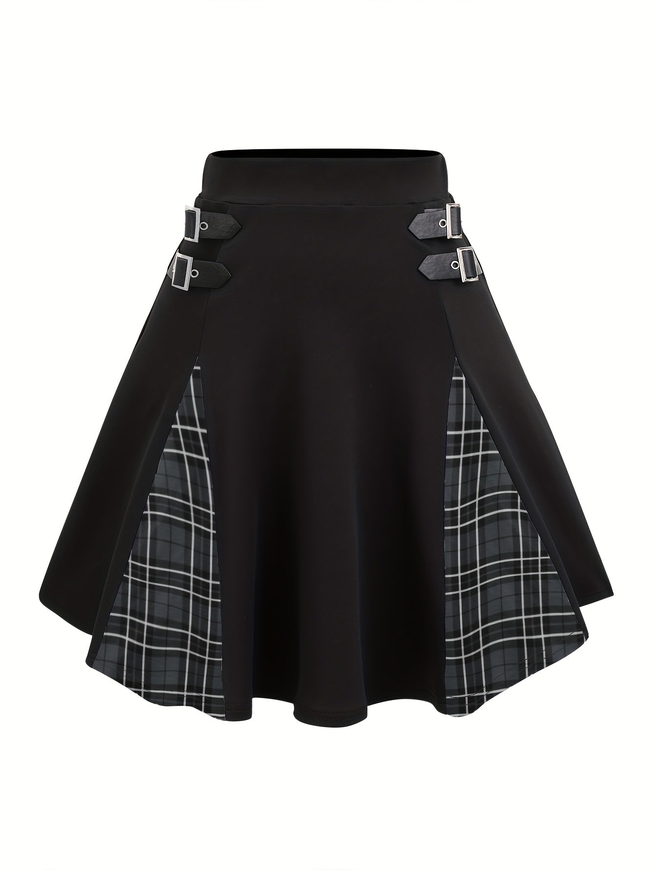 Gothic Plaid Buckle Mini Skirt - High-Waisted A-Line