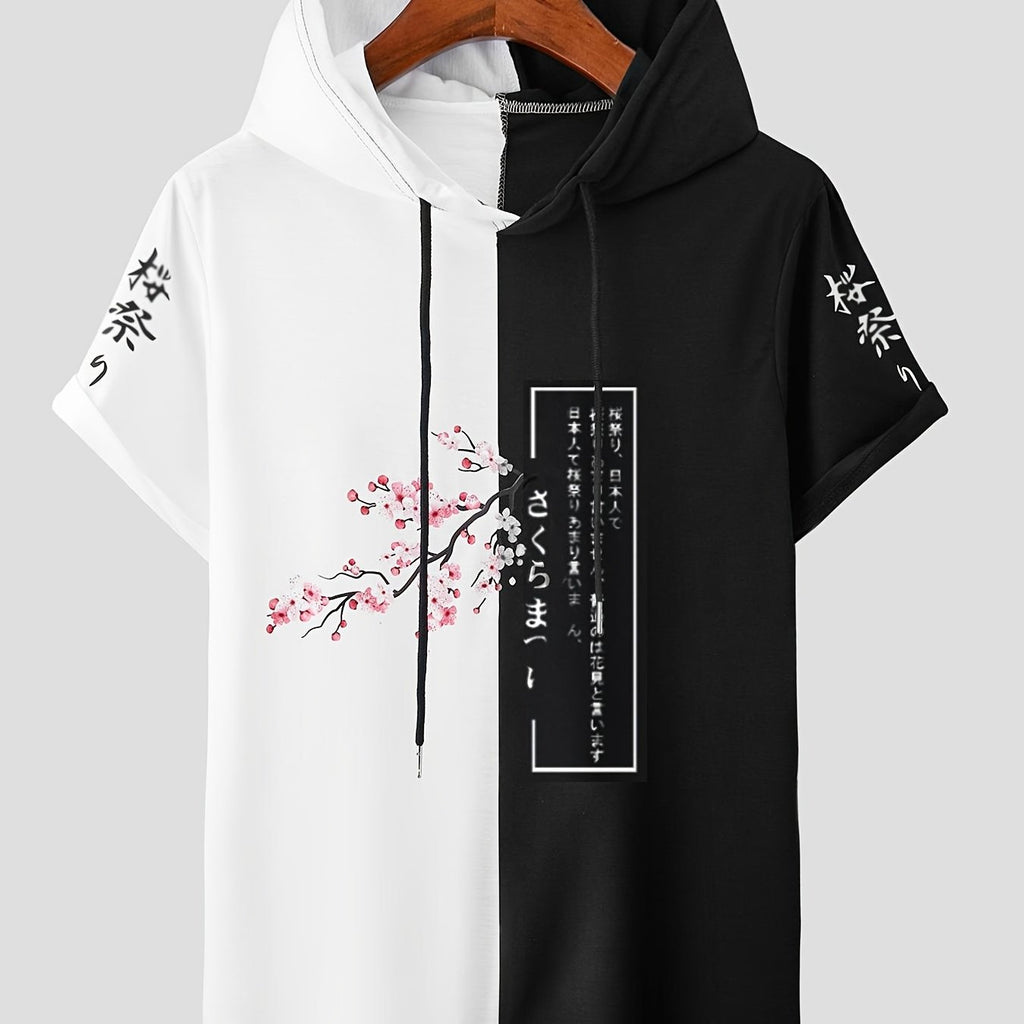 Men's Cherry Blossom Hooded T-Shirt - Japanese Motif Print