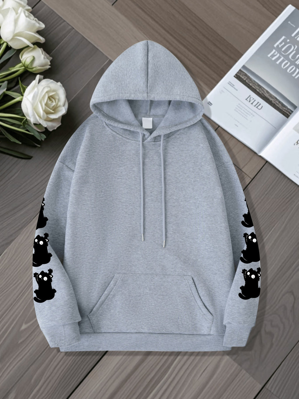 Women's Plus Size Cat Print Hoodie - Casual Sweatshirt