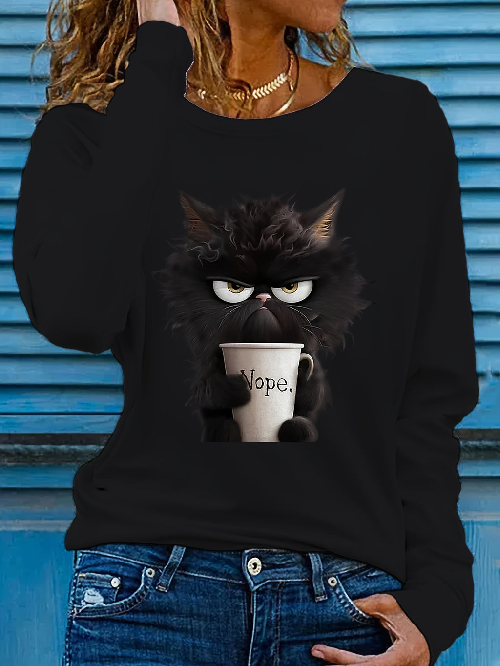 Women's Cartoon Cat Graphic Tee - Long Sleeve Crew Neck