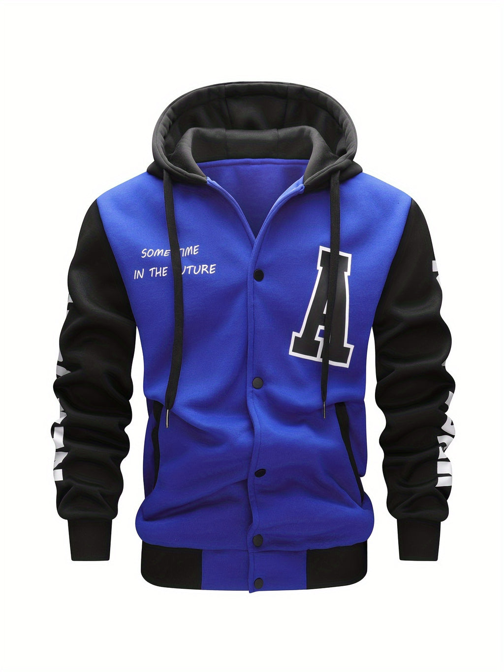 Men's Casual Hooded Varsity Jacket, Chic Button Up Letter Print Bomber Jacket