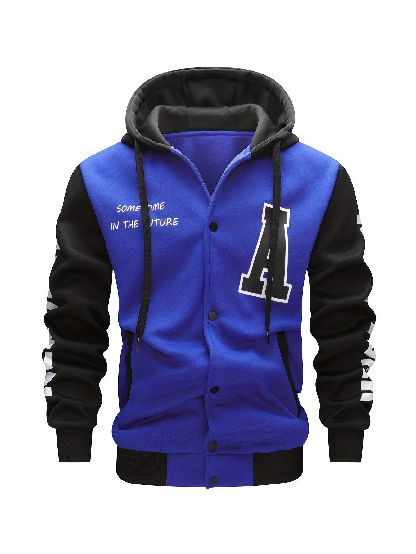 Men's Casual Hooded Varsity Jacket, Chic Button Up Letter Print Bomber Jacket