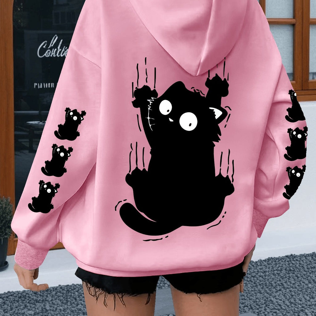Women's Plus Size Cat Print Hoodie - Casual Sweatshirt