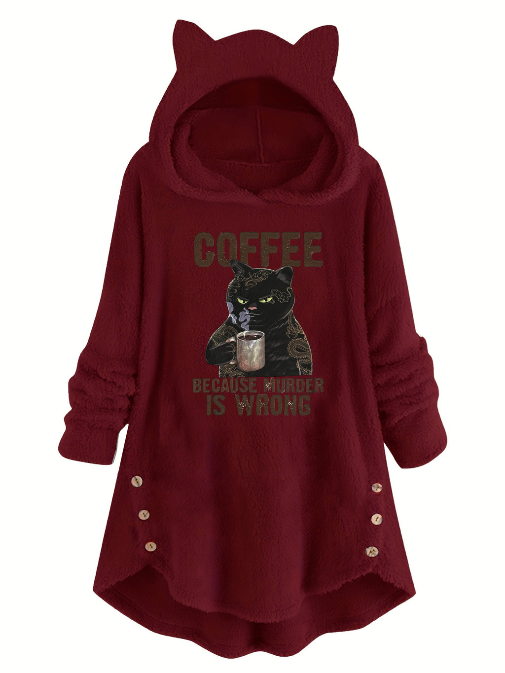 Women's Cat Print Teddy Hoodie - Cozy Button Sweatshirt