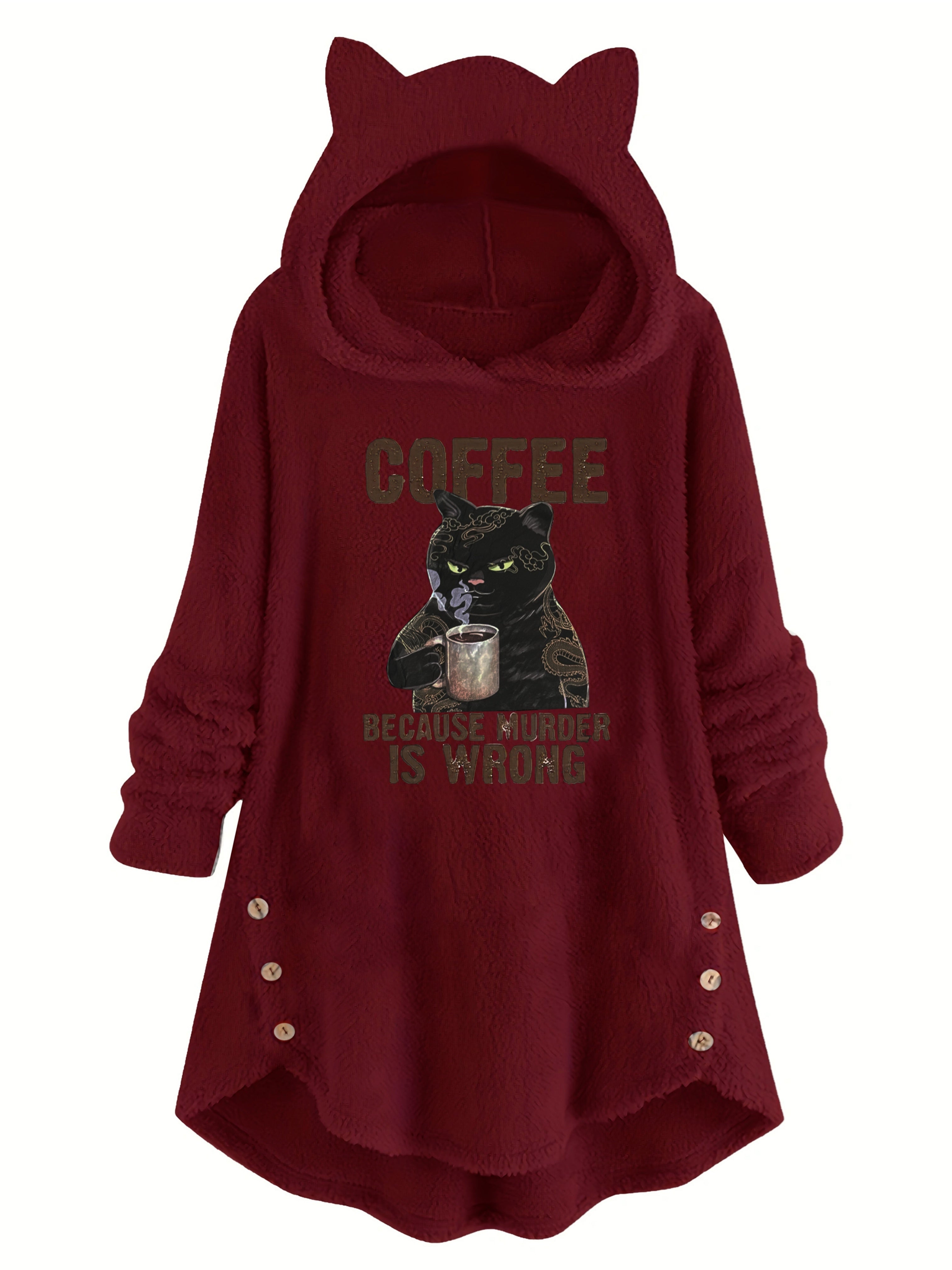 Women's Cat Print Teddy Hoodie - Cozy Button Sweatshirt