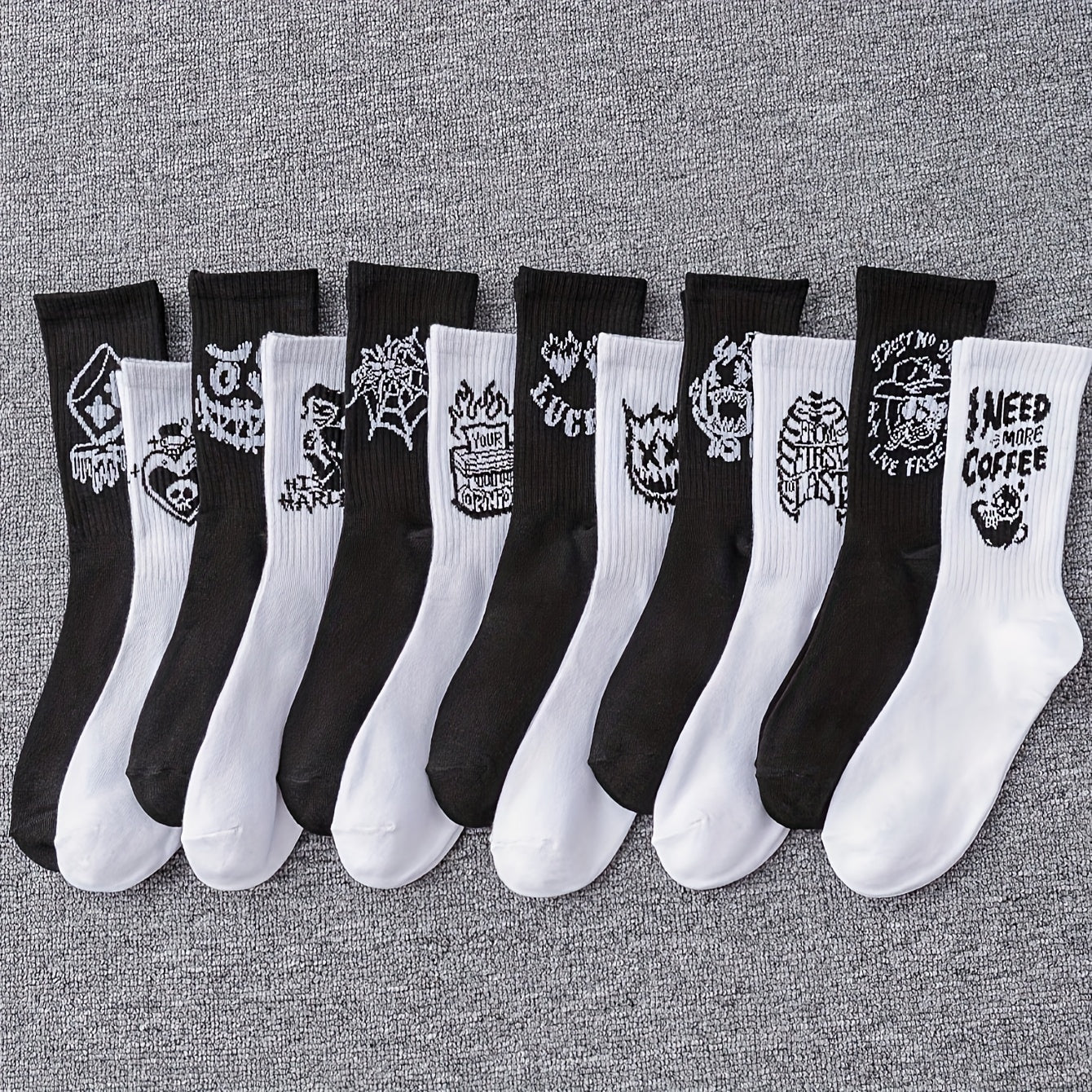Men's Black & White Graffiti Socks - 6/10 Pack