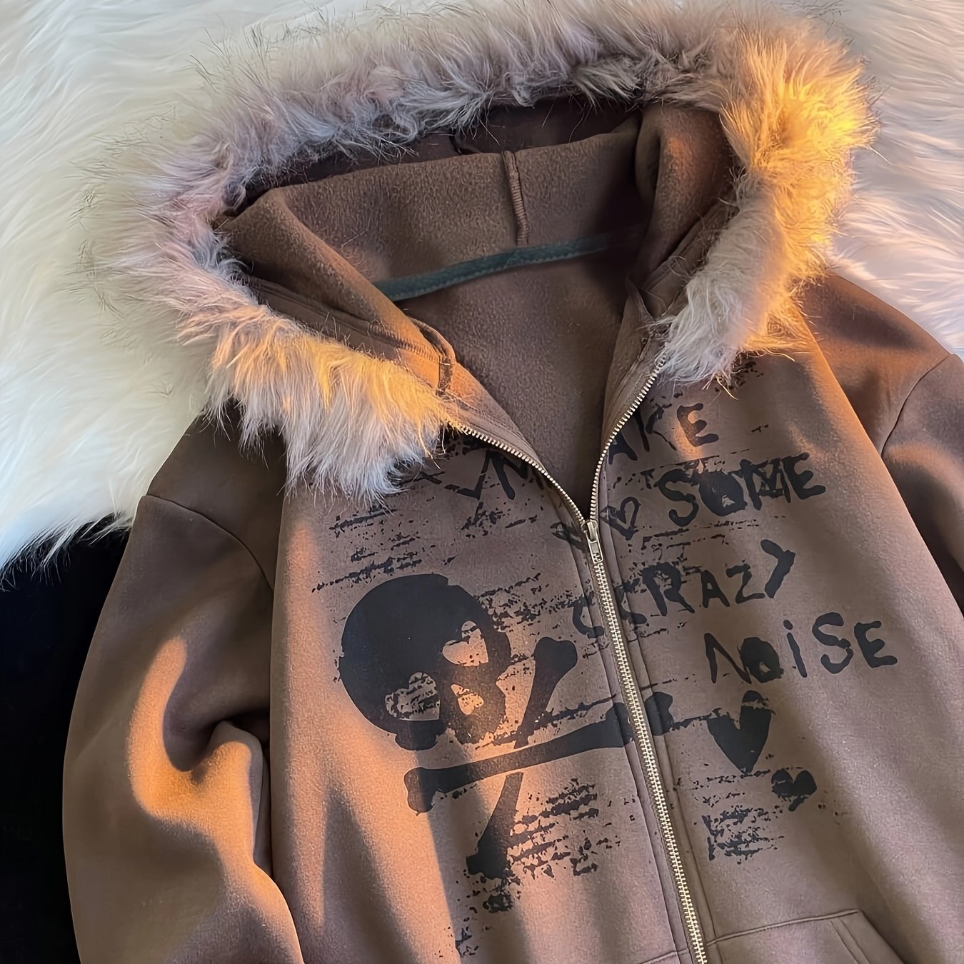 Men's Y2K Printed Hoodie - Faux Fur Trim Sweatshirt