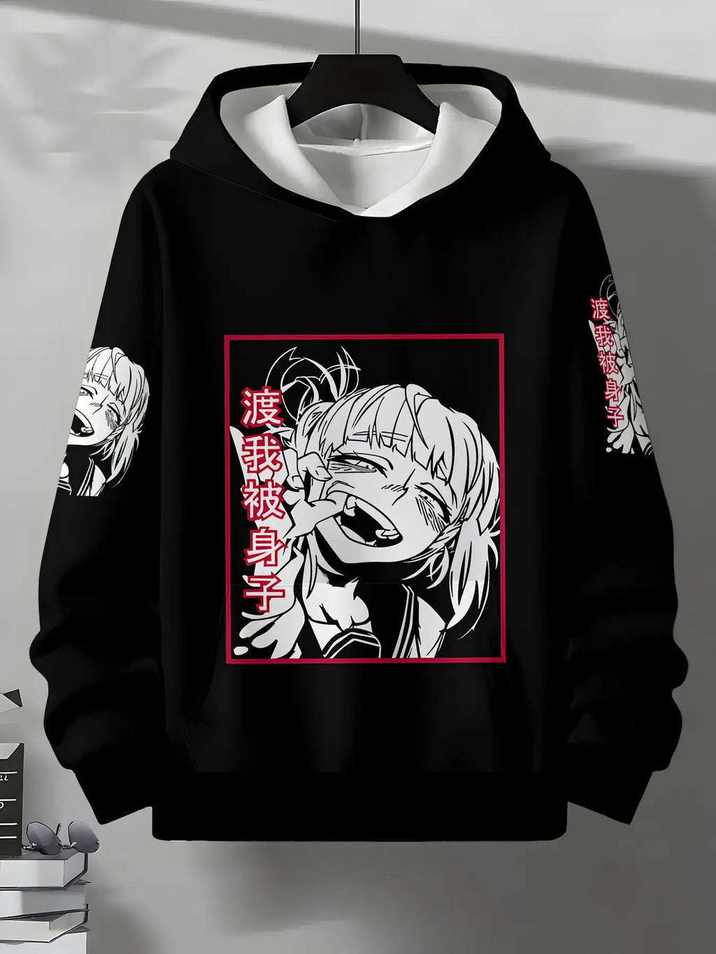 Men's Japanese Anime Hoodie - Black & Red Manga Sweatshirt with Japanese Text & Iconic Characters, Soft Fabric Streetwear for, Daily Wear & Conventions, Hooded Sweater for Manga Fans