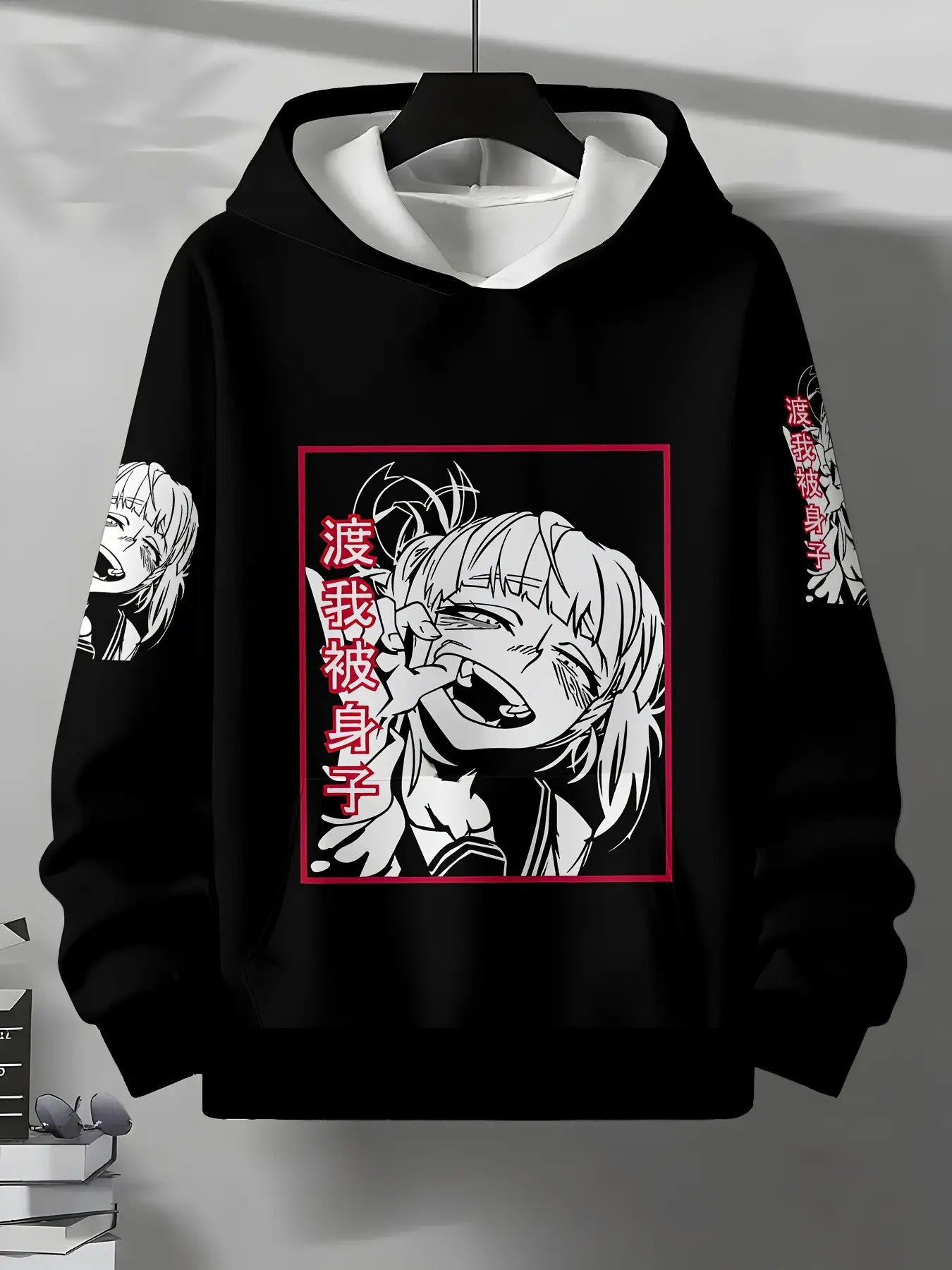 Men's Japanese Anime Hoodie - Black & Red Manga Sweatshirt with Japanese Text & Iconic Characters, Soft Fabric Streetwear for, Daily Wear & Conventions, Hooded Sweater for Manga Fans