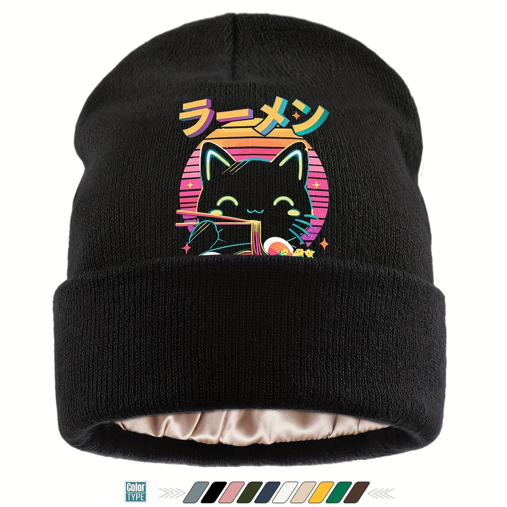 Anime Cat Eating Ramen Beanie - Kawaii Winter Hat