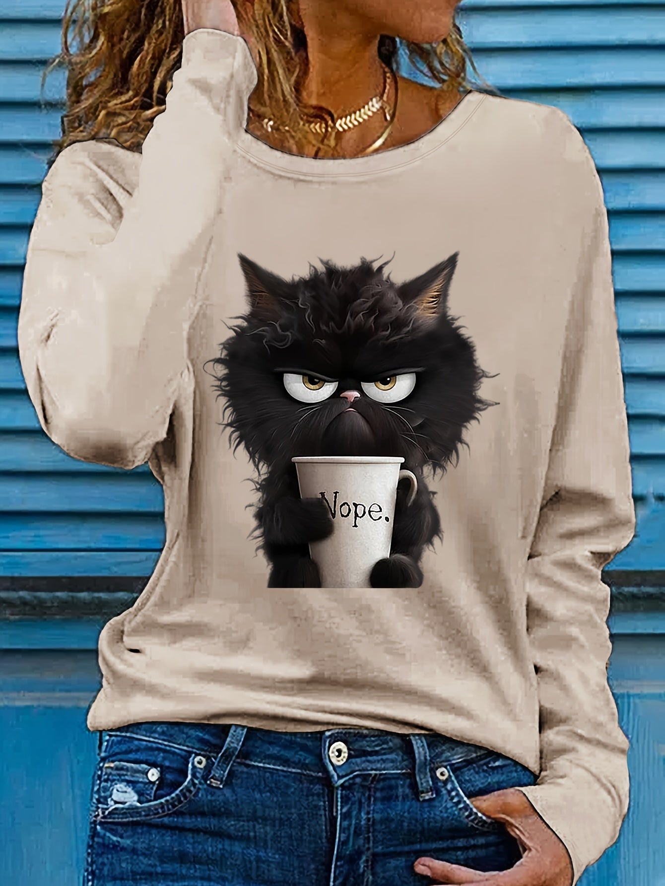 Women's Cartoon Cat Graphic Tee - Long Sleeve Crew Neck