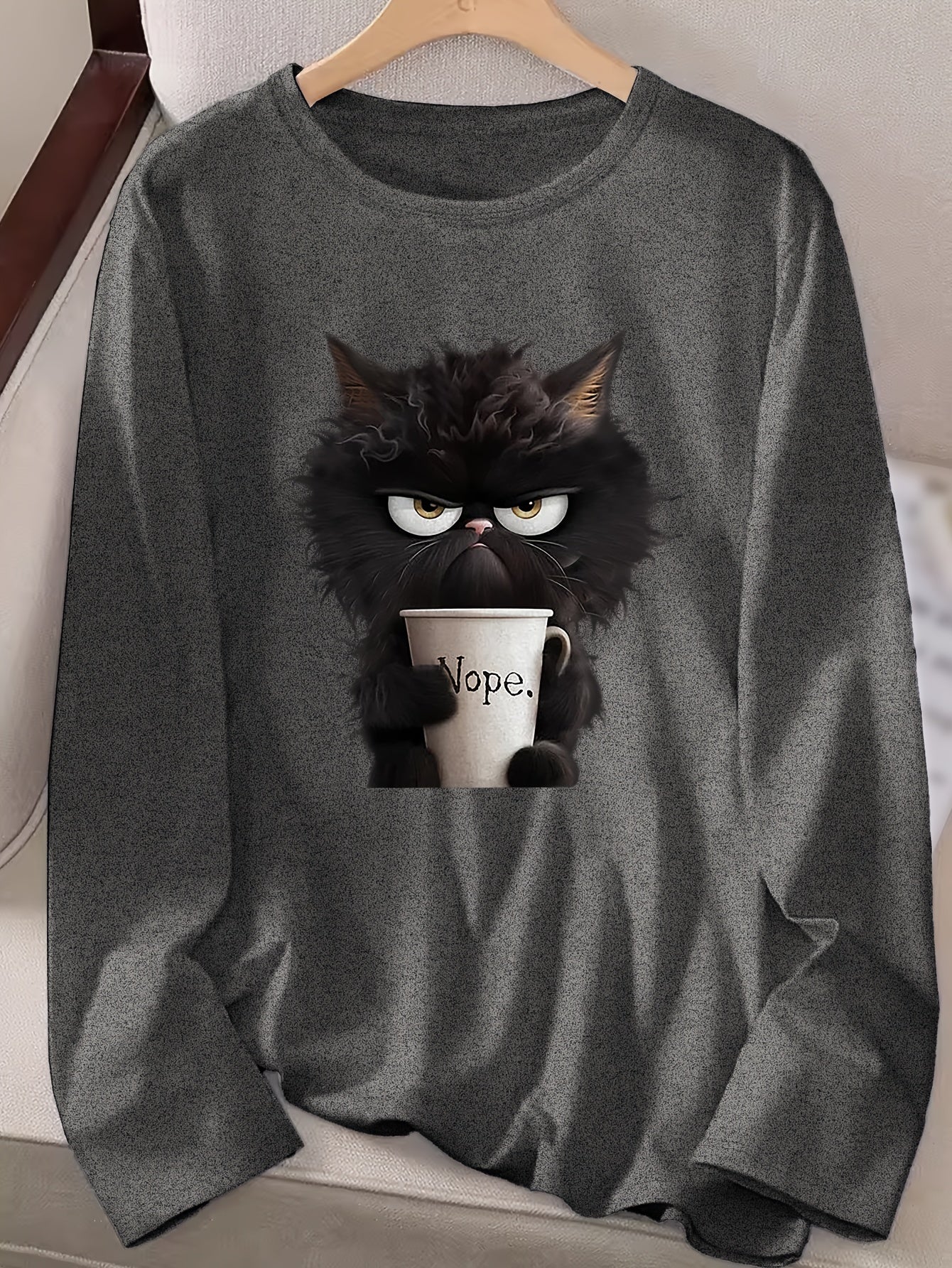 Women's Cartoon Cat Graphic Tee - Long Sleeve Crew Neck