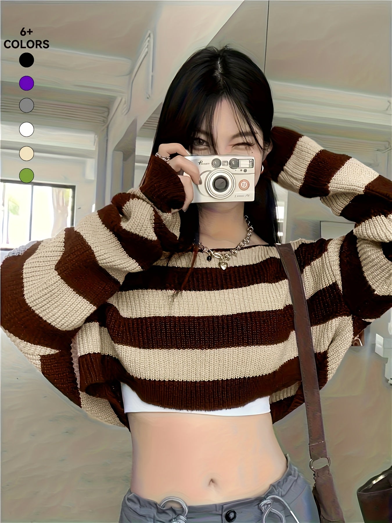 Women's Y2K Color Block Knit Pullover - Short Sleeve