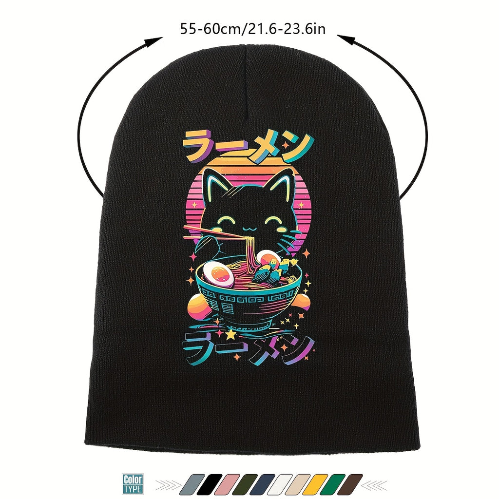 Anime Cat Eating Ramen Beanie - Kawaii Winter Hat