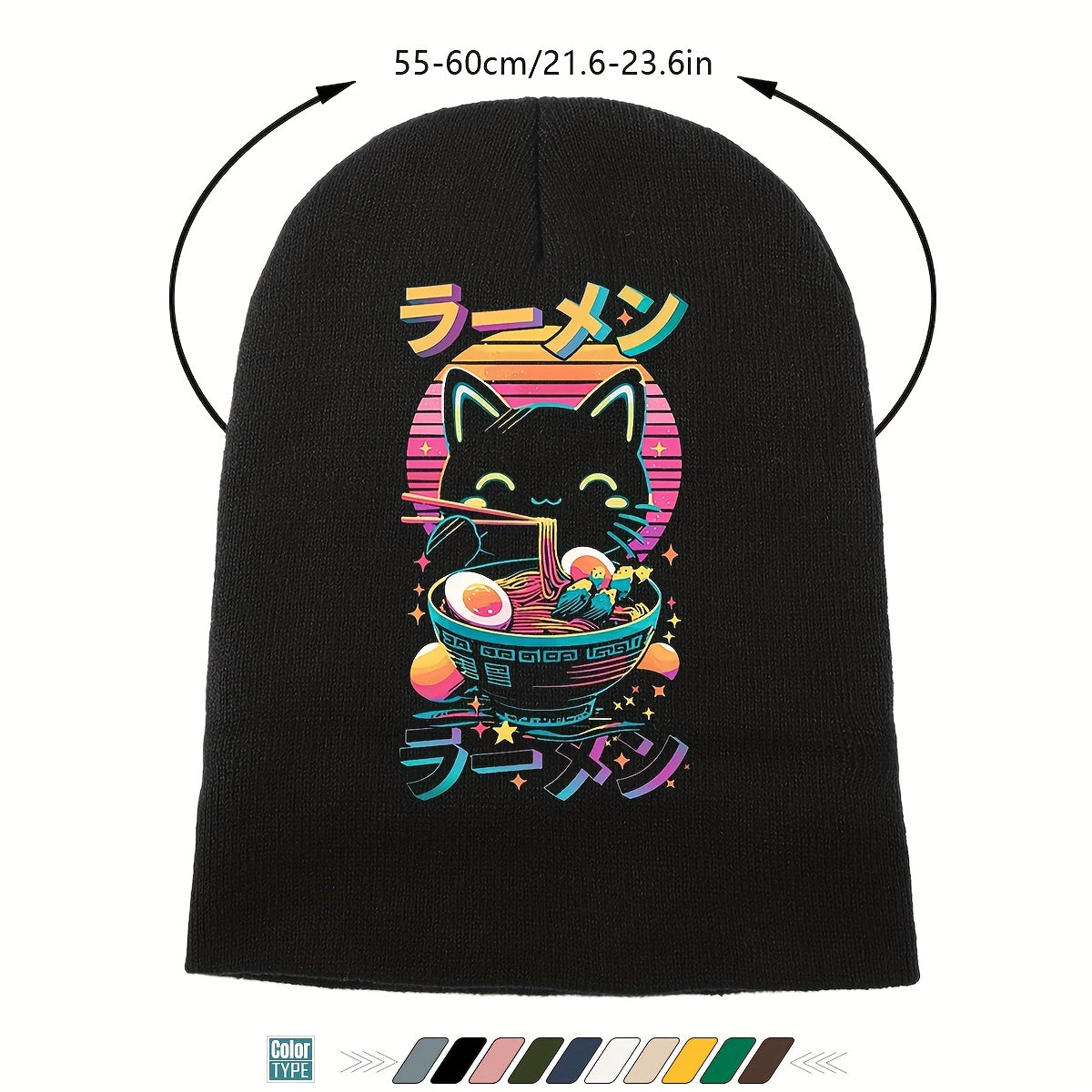 Anime Cat Eating Ramen Beanie - Kawaii Winter Hat