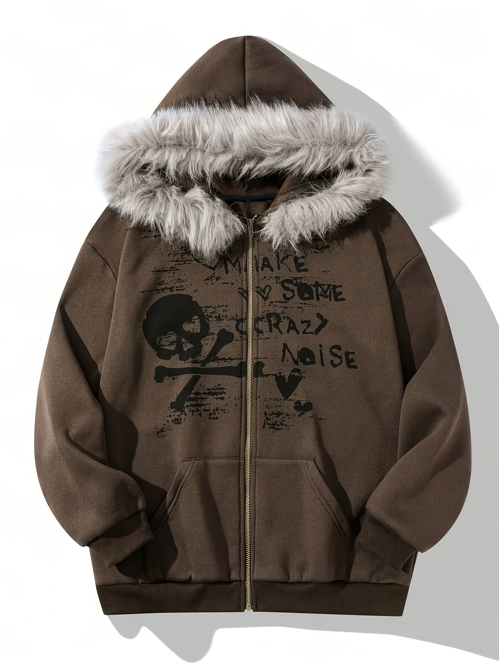 Men's Y2K Printed Hoodie - Faux Fur Trim Sweatshirt