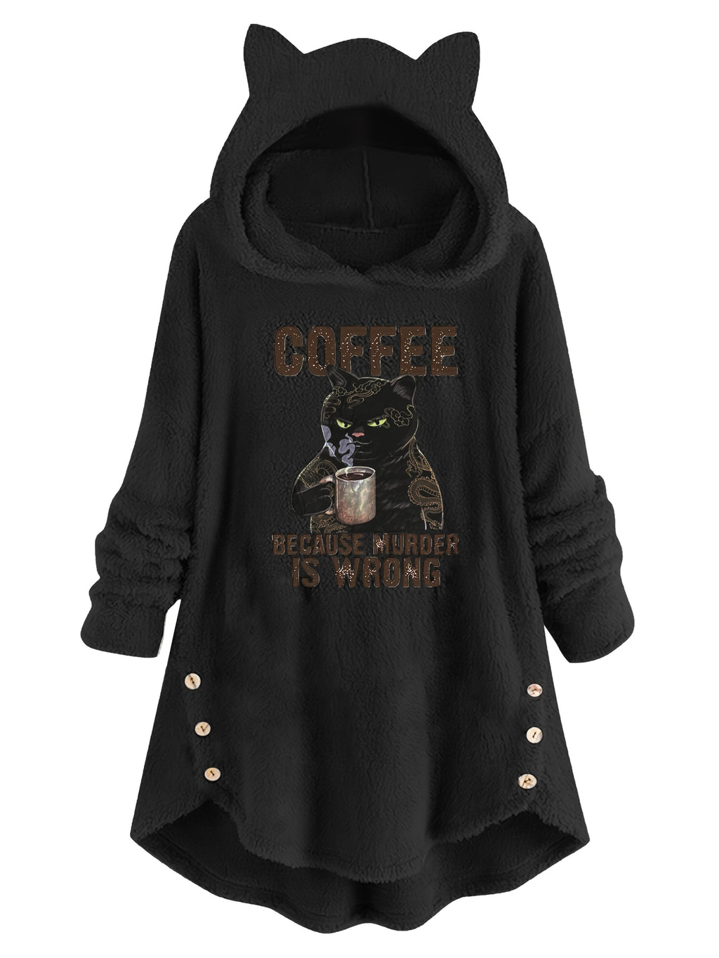 Women's Cat Print Teddy Hoodie - Cozy Button Sweatshirt