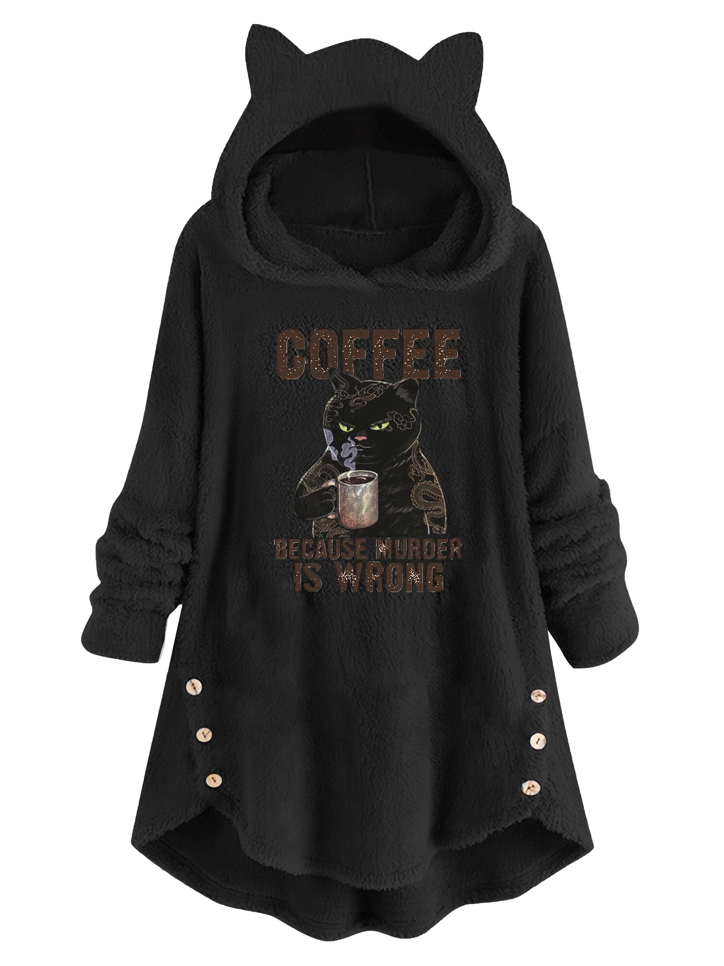 Women's Cat Print Teddy Hoodie - Cozy Button Sweatshirt