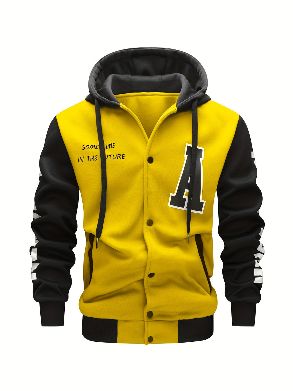 Men's Casual Hooded Varsity Jacket, Chic Button Up Letter Print Bomber Jacket