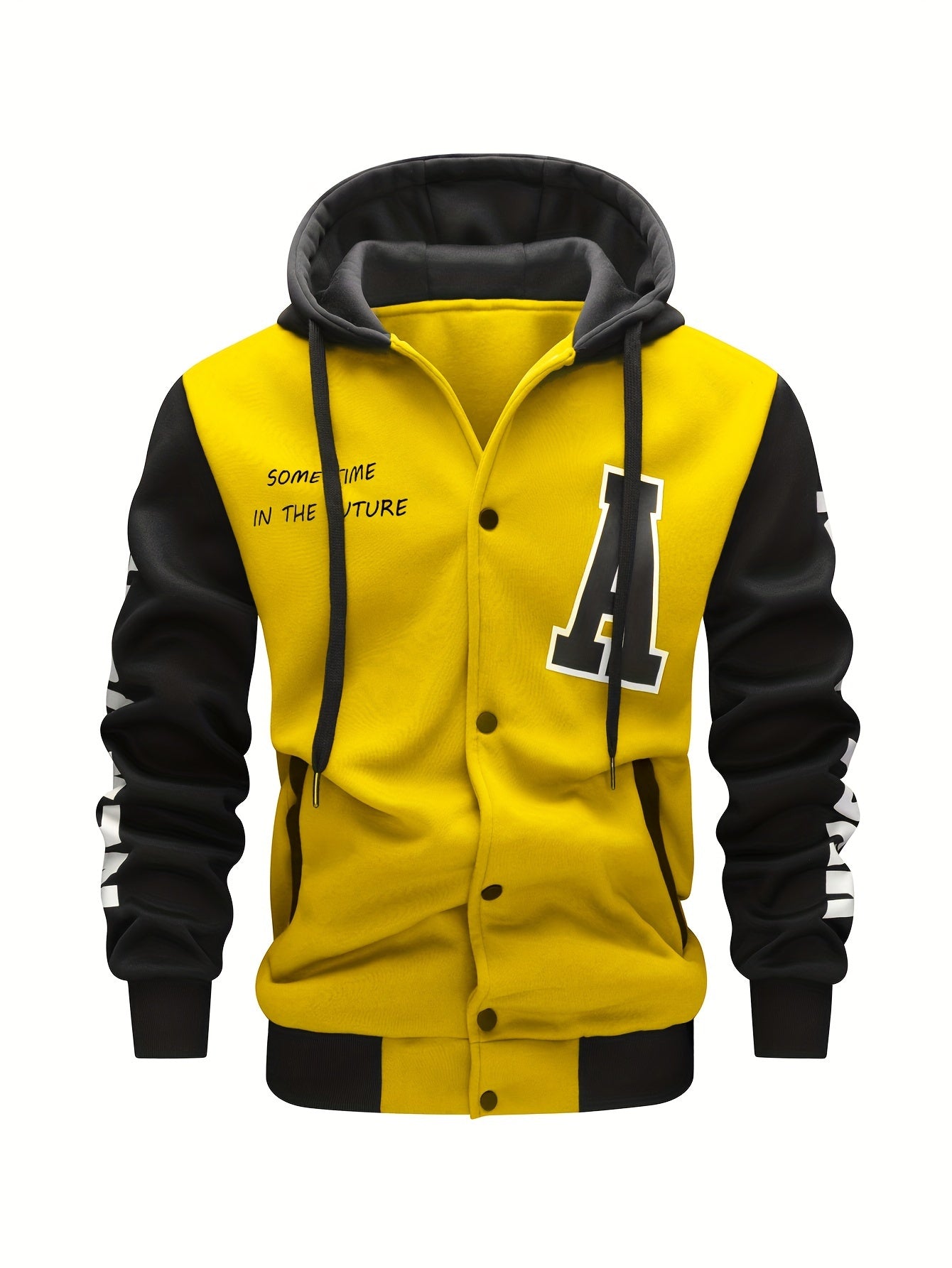 Men's Casual Hooded Varsity Jacket, Chic Button Up Letter Print Bomber Jacket