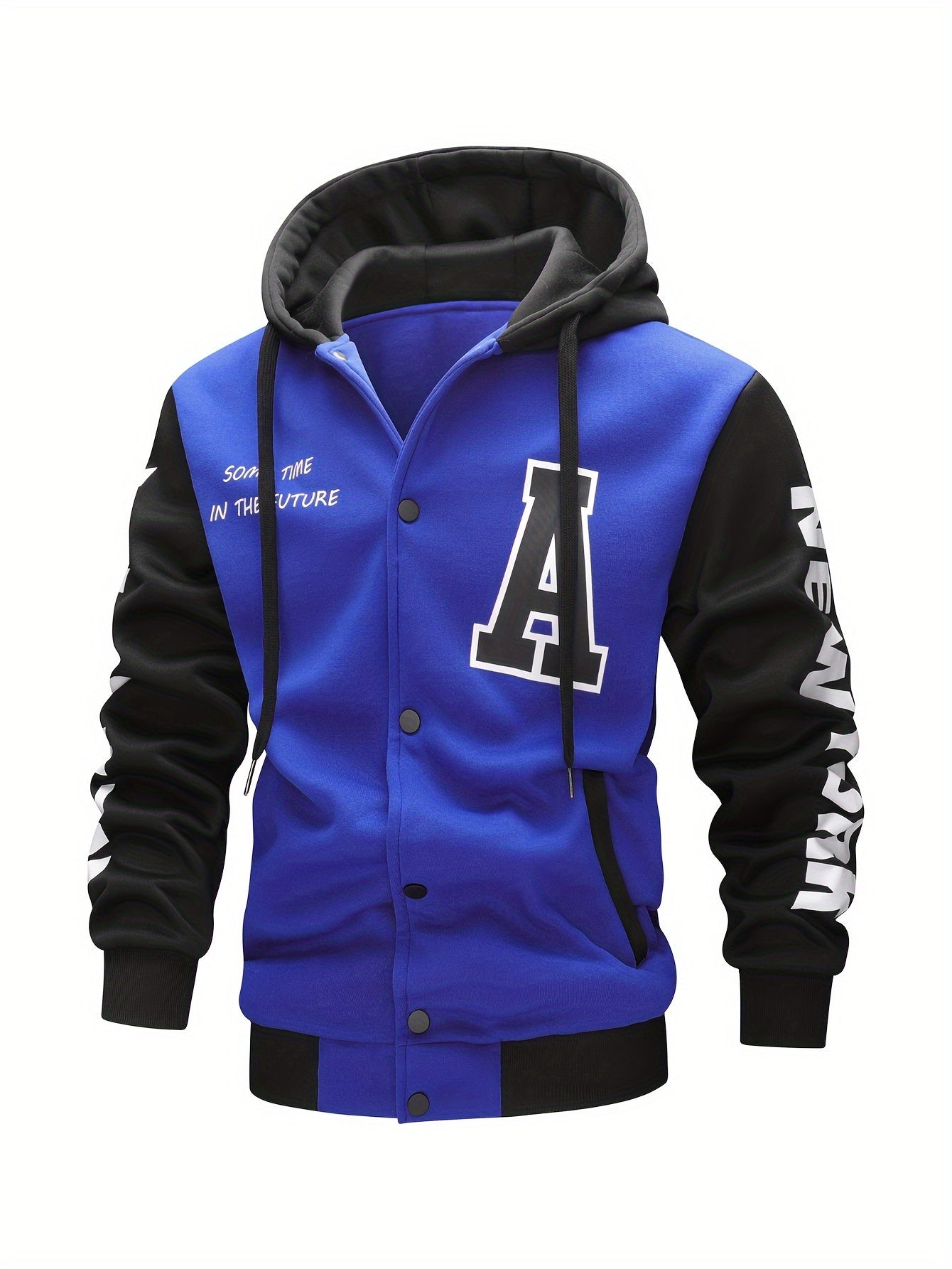 Men's Casual Hooded Varsity Jacket, Chic Button Up Letter Print Bomber Jacket