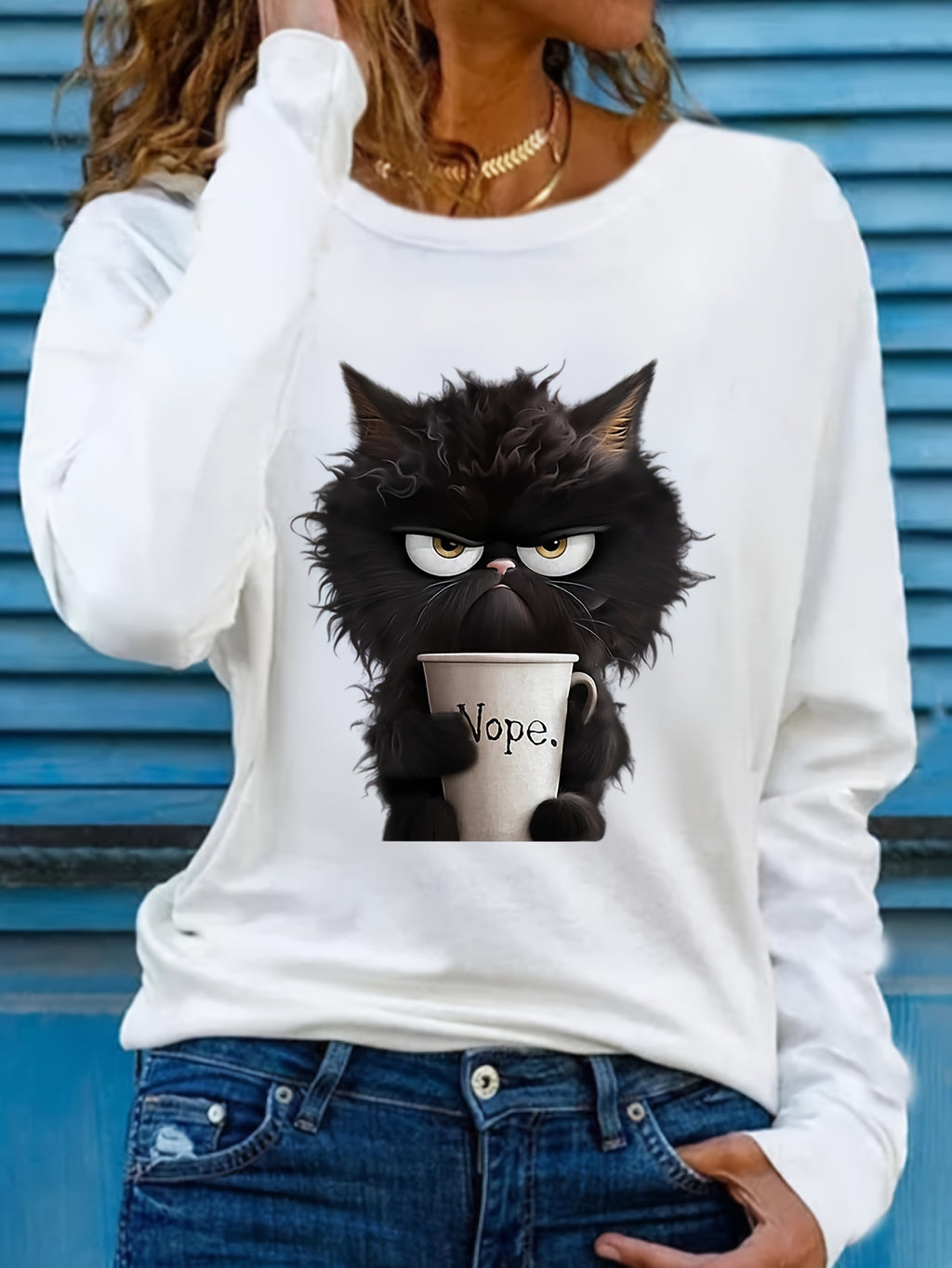 Women's Cartoon Cat Graphic Tee - Long Sleeve Crew Neck