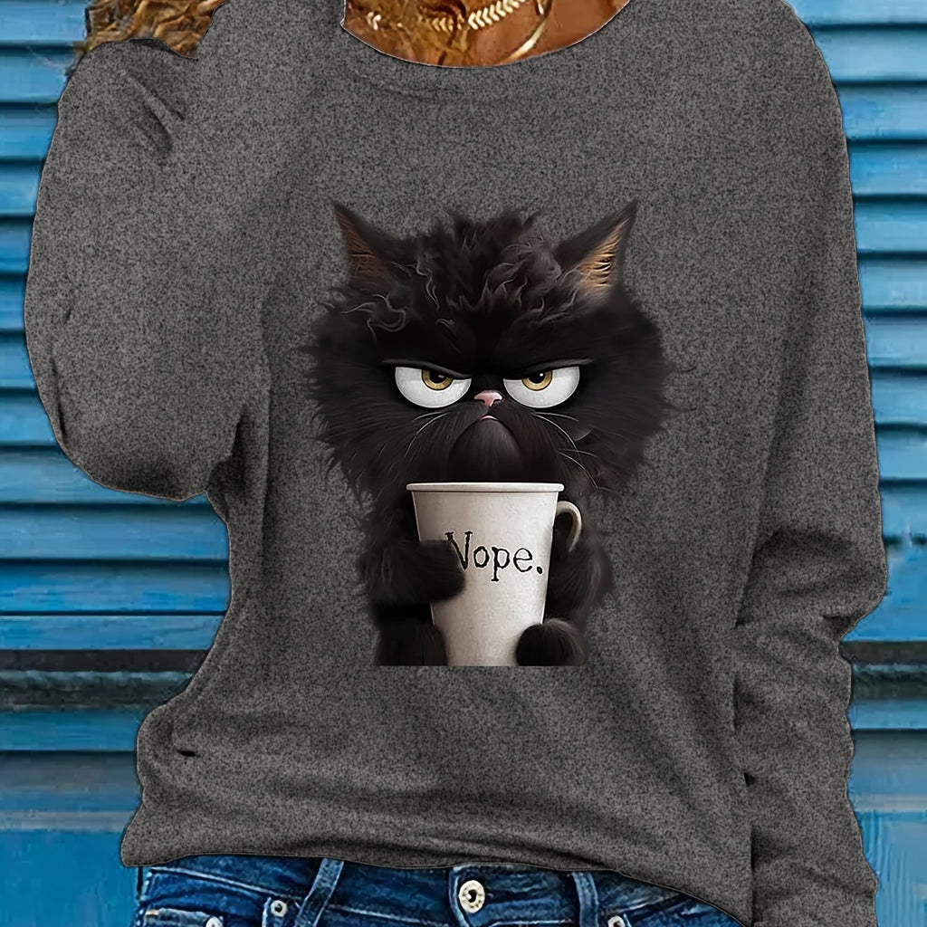 Women's Cartoon Cat Graphic Tee - Long Sleeve Crew Neck