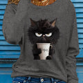 Women's Cartoon Cat Graphic Tee - Long Sleeve Crew Neck