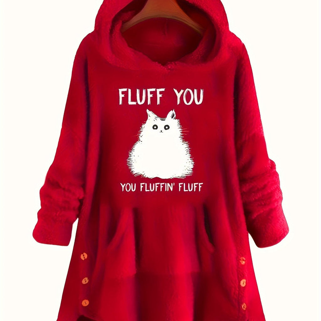 [Feline Design Thermal Hoodie] Relaxed Fit Thermal Hoodie - Adorable Feline Design Long-Sleeve Sweatshirt for Women with Kangaroo Pocket