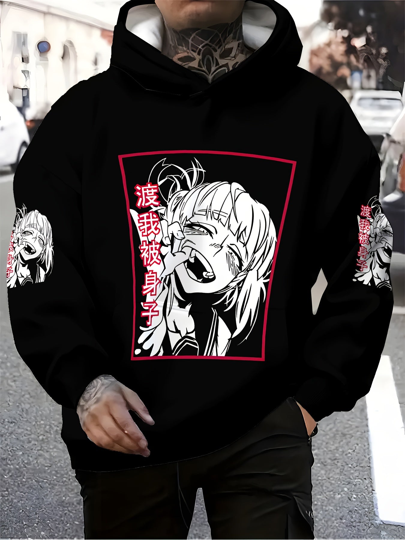 Men's Japanese Anime Hoodie - Black & Red Manga Sweatshirt with Japanese Text & Iconic Characters, Soft Fabric Streetwear for, Daily Wear & Conventions, Hooded Sweater for Manga Fans