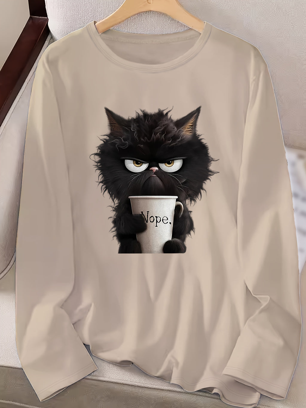 Women's Cartoon Cat Graphic Tee - Long Sleeve Crew Neck