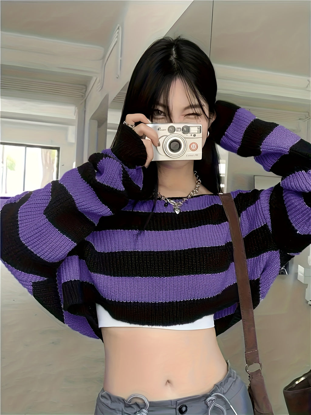 Women's Y2K Color Block Knit Pullover - Short Sleeve