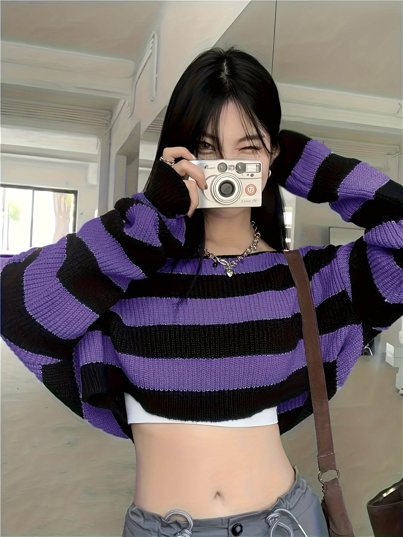 Women's Y2K Color Block Knit Pullover - Short Sleeve