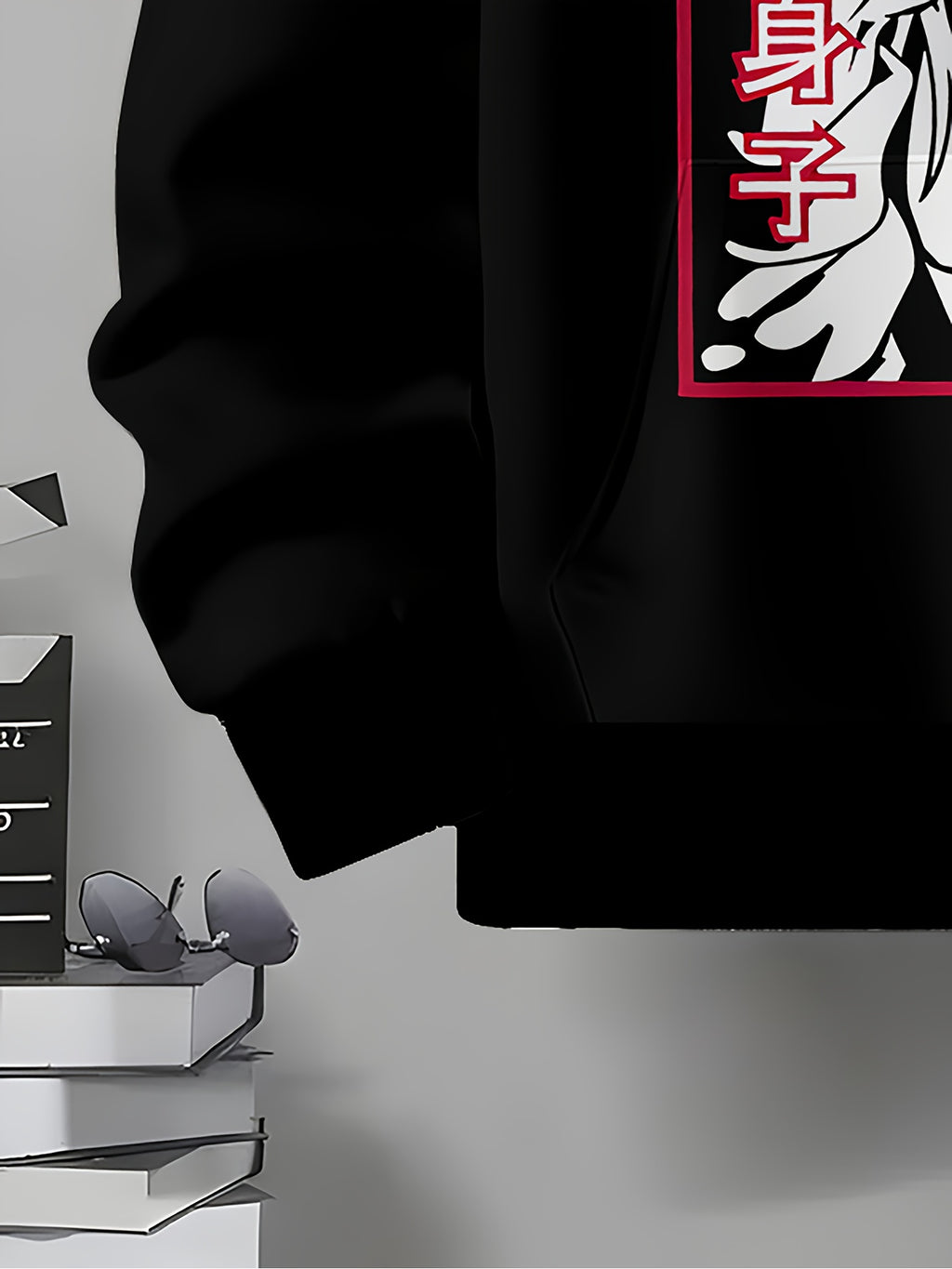 Men's Japanese Anime Hoodie - Black & Red Manga Sweatshirt with Japanese Text & Iconic Characters, Soft Fabric Streetwear for, Daily Wear & Conventions, Hooded Sweater for Manga Fans