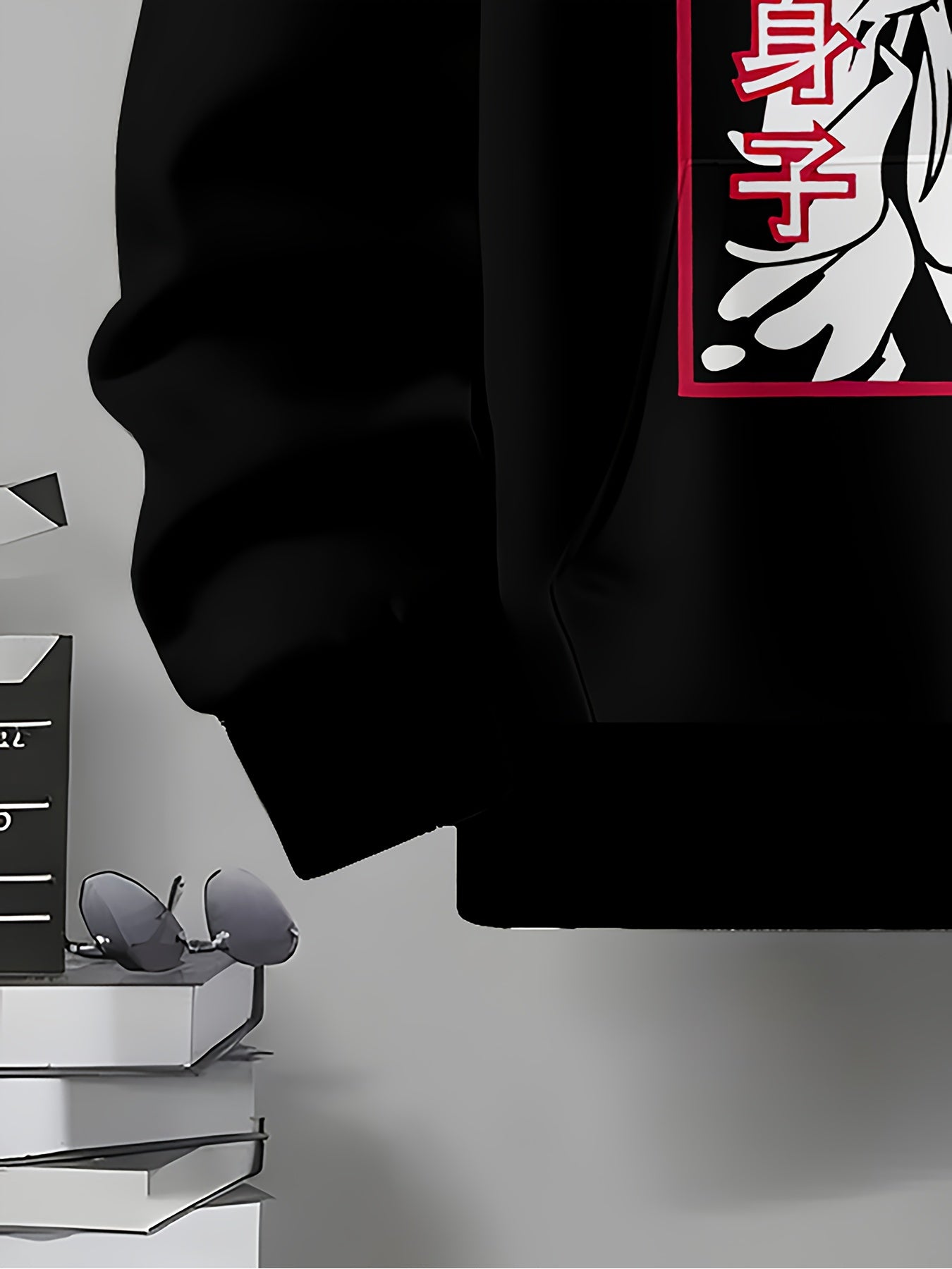 Men's Japanese Anime Hoodie - Black & Red Manga Sweatshirt with Japanese Text & Iconic Characters, Soft Fabric Streetwear for, Daily Wear & Conventions, Hooded Sweater for Manga Fans