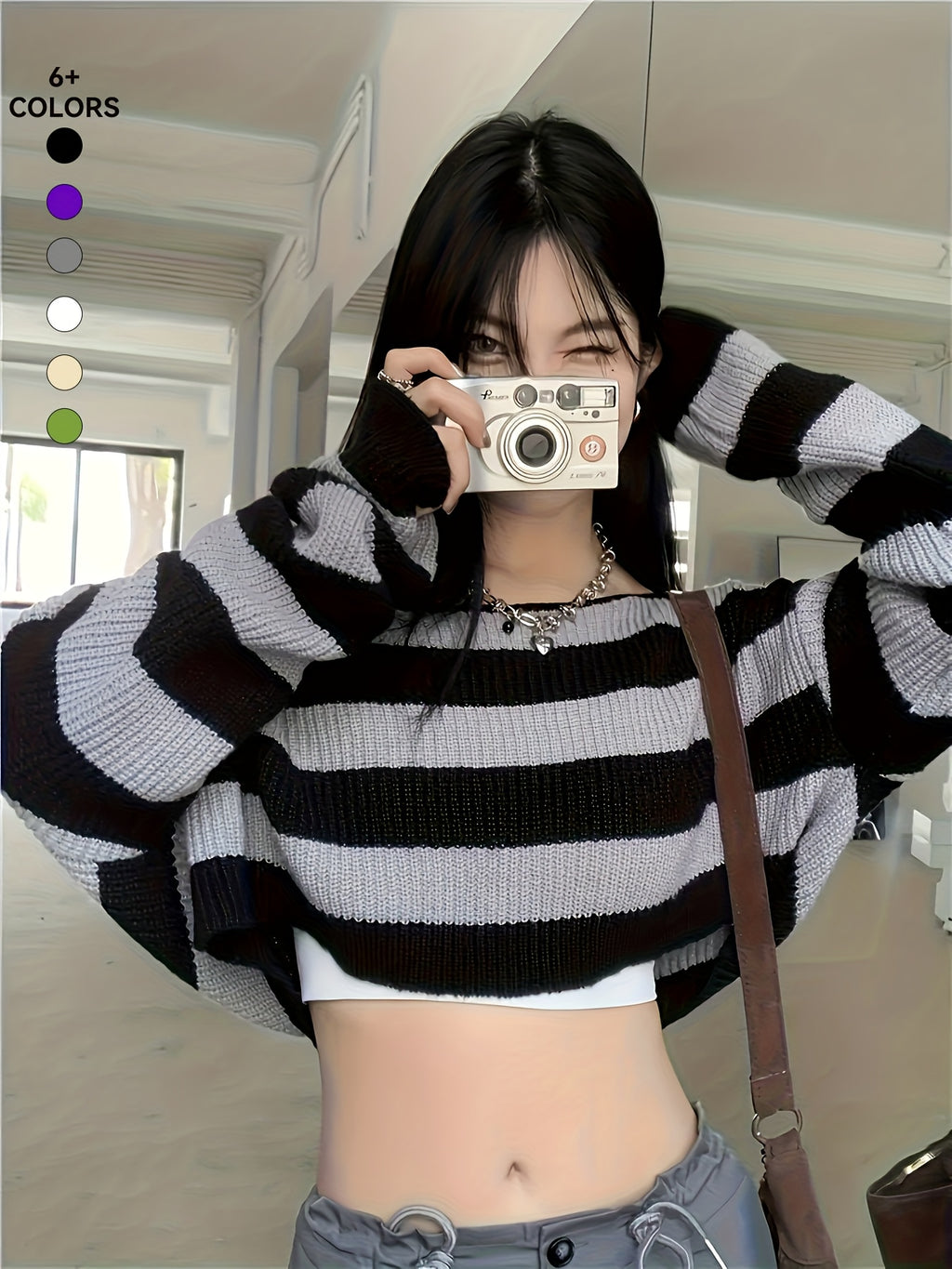 Women's Y2K Color Block Knit Pullover - Short Sleeve