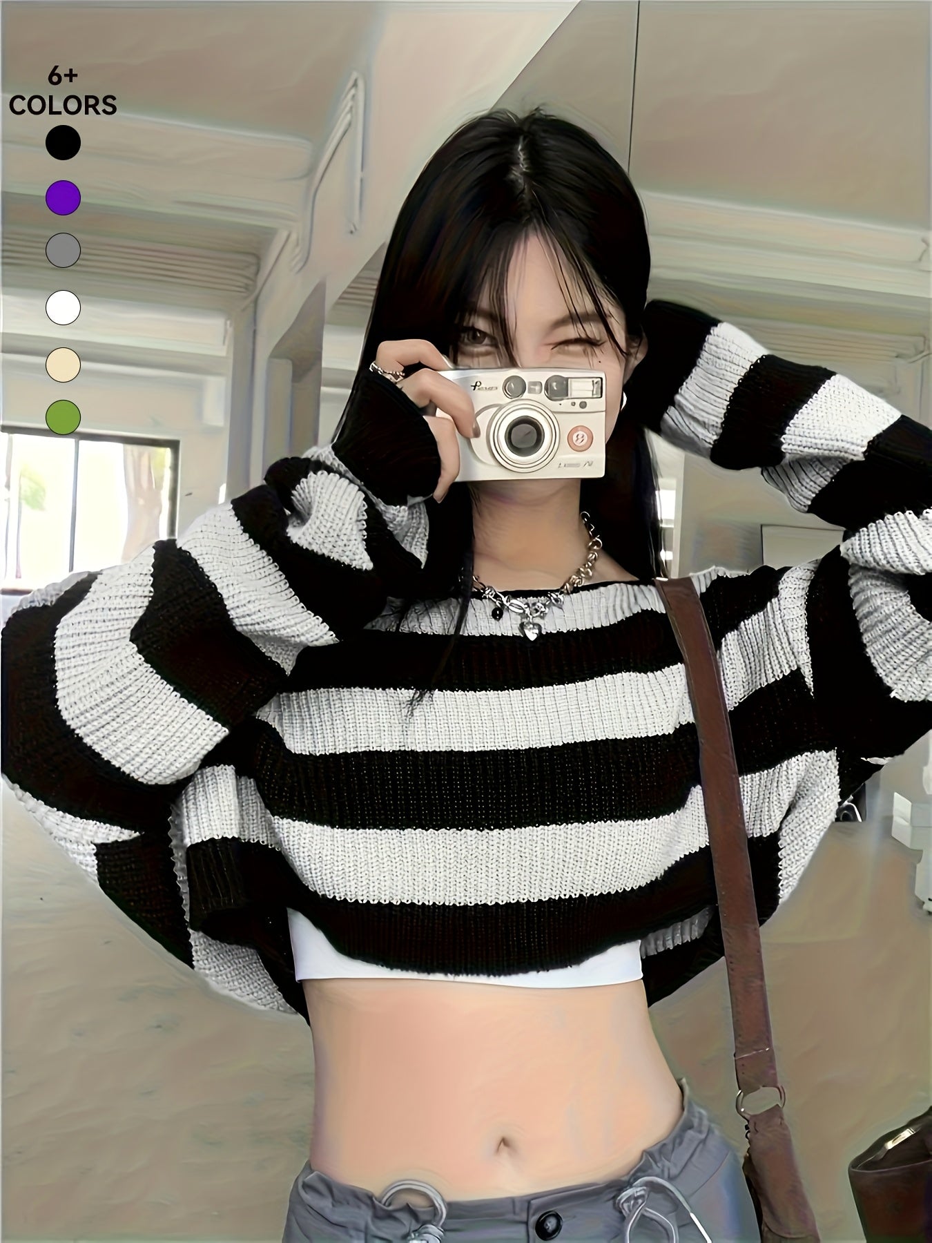 Women's Y2K Color Block Knit Pullover - Short Sleeve