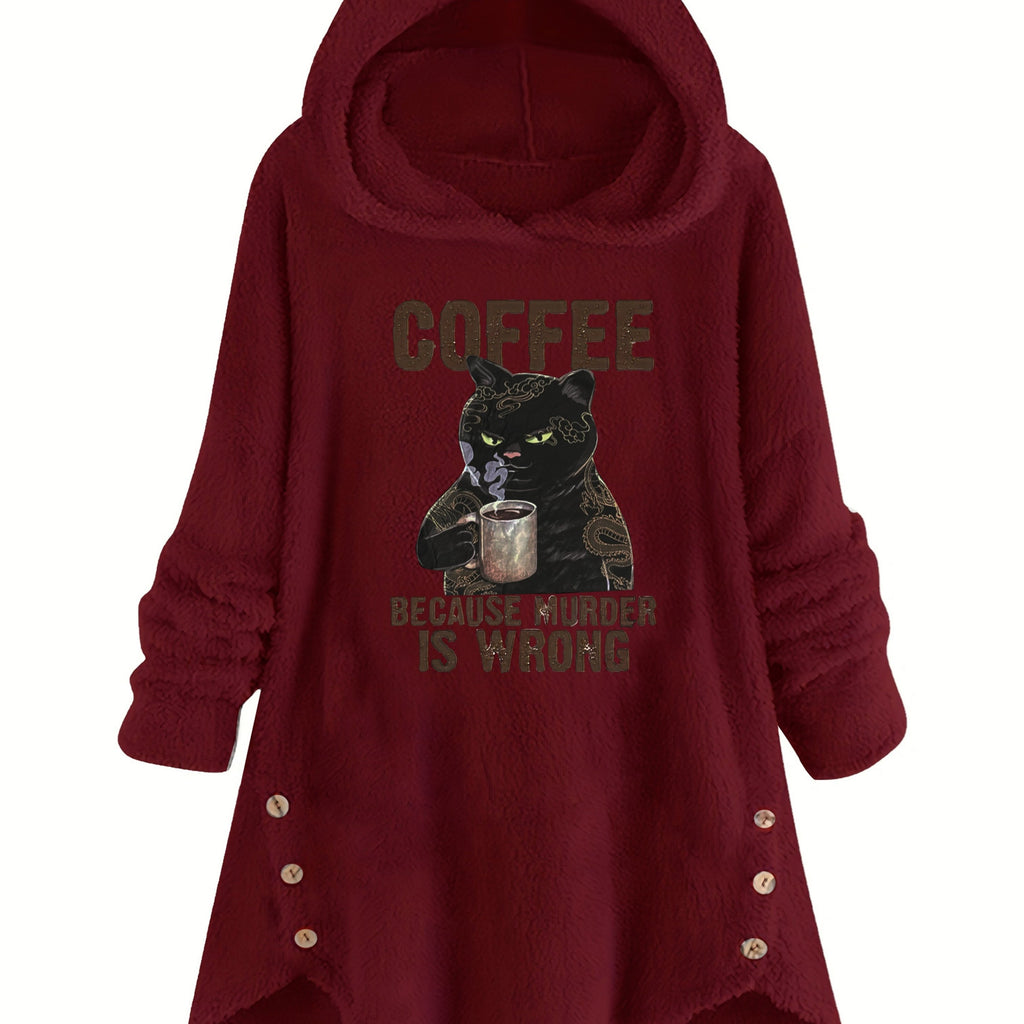 Women's Cat Print Teddy Hoodie - Cozy Button Sweatshirt