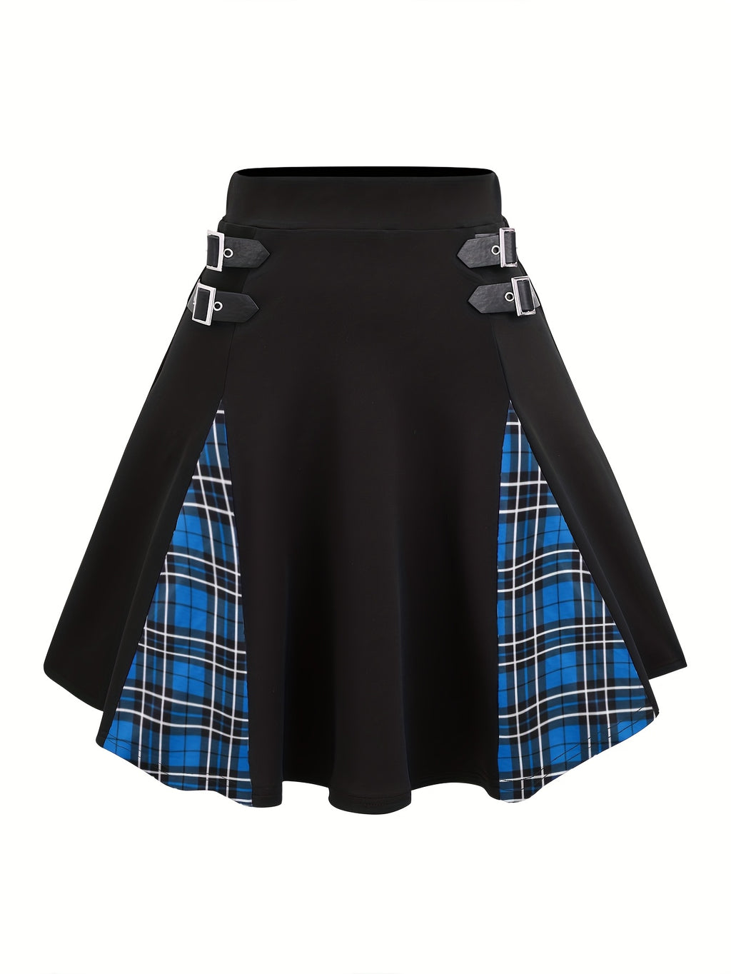 Gothic Plaid Buckle Mini Skirt - High-Waisted A-Line