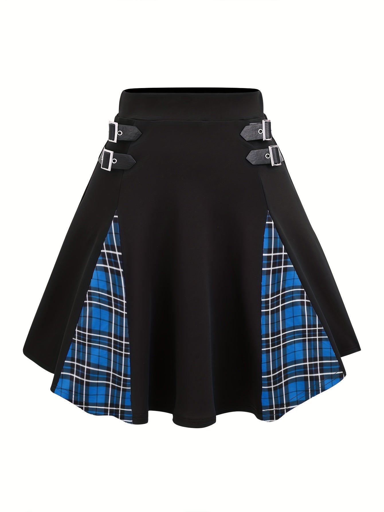 Gothic Plaid Buckle Mini Skirt - High-Waisted A-Line