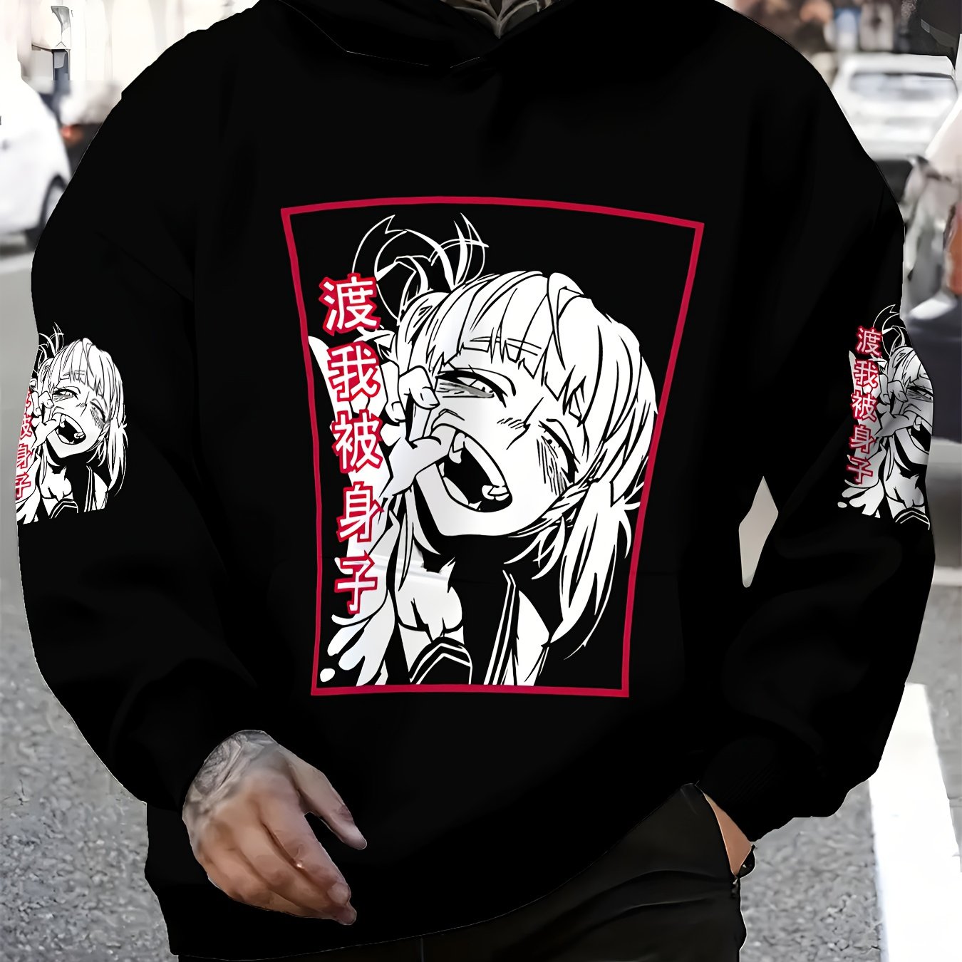 Men's Japanese Anime Hoodie - Black & Red Manga Sweatshirt with Japanese Text & Iconic Characters, Soft Fabric Streetwear for, Daily Wear & Conventions, Hooded Sweater for Manga Fans